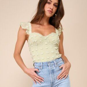 Lulus Iconic Cutie Light Green Swiss Dot Ruffled Sleeveless Bodysuit - Size M